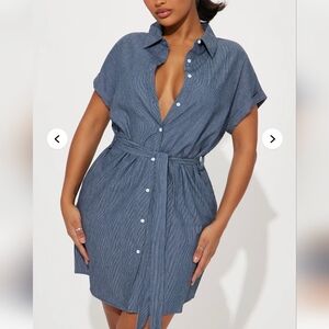 Striped Button-Front Shirt Dress with Waist Tie - Blue
